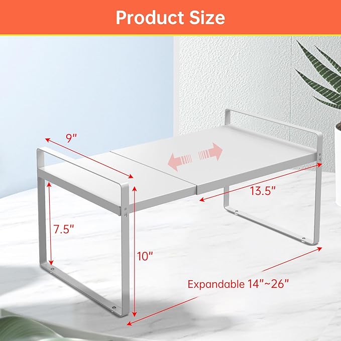 Adjustable Kitchen Shelf Organizer 9", (2 Pack) Heavy-Duty Cabinet Shelves for Countertop, Pantry & Microwave, Expandable Space-Saving Storage Rack with Non-Slip Pads, White-NeatNest