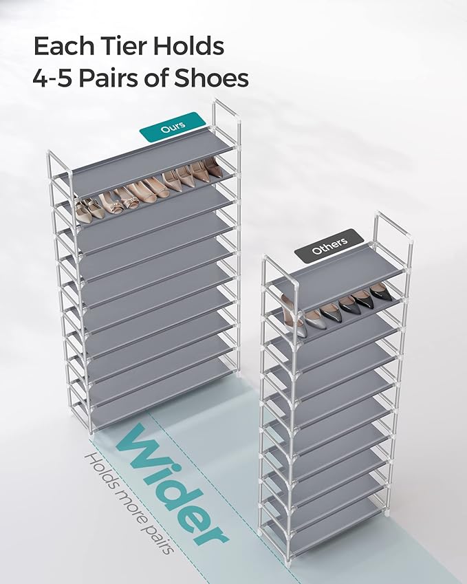 SONGMICS 10-Tier Shoe Rack, Shoe Storage for Hallway Closet, Slim and Space-Saving, Metal Frame, Non-Woven Fabric Shelves, Grey ULSR10G-NeatNest
