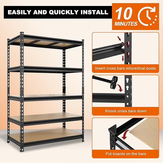 BIG RED Storage Shelving Unit, 5-Tier Adjustable, Heavy Duty Metal Garage Shelves/Utility Rack for Kitchen, Pantry, Basement, Bathroom, Laundry - 3,000lb Capacity, Black, 72" H x 48" W x 24" D-NeatNest