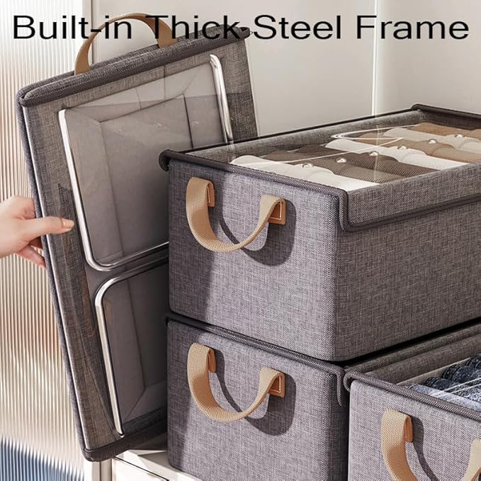 AARAINBOW Closet Clothes Organizer Bins 4 Pc, Fabric Box Storage Shelf Bins Stackable, Foldable Closet Shelf Storage Container with Lid, Fabric Storage Bin with Steel Frame, 23L (4 Gray with Lid)-NeatNest