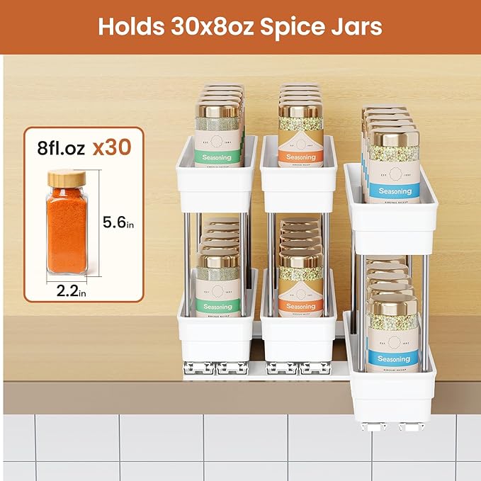 3 Packs Pull Out Spice Rack Organizer for Cabinet, Vertical Spice Rack Pull Out, Heavy Duty Slide Out Seasoning Organizer, 2.3''Wx10.35''Dx8.26''H, 3 Drawers 2 Tiers(White)