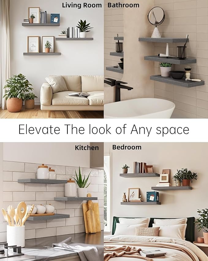 BAYKA Floating Shelves for Wall, Wall Mounted Rustic Wood Shelves for Bathroom, Bedroom, Living Room, Kitchen,Small Hanging Shelf for Books/Storage/Room Decor (Grey, Set of 3, 15.7in)-NeatNest