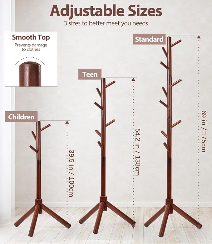 Beech Wood Coat Rack Stand with 9 Hooks, 3 Height Adjustable, simple Freestanding Solid Wooden Coat Tree Hanger for Clothes, Hats, Scarves, bags, Jackets, Bedroom, livingromm, Office(Brown)-NeatNest