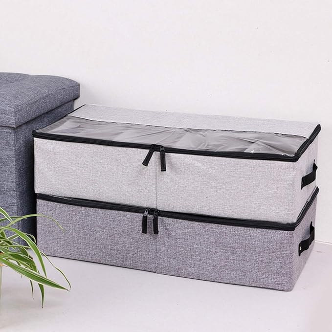 AARAINBOW 2 Packs Foldable Under Bed Clothes Organizer with Lids, Underbed Storage Container with Adjustable Dividers, UnderBed Storage Bins with Handles and Clear Window (Gray+Light Gray)-NeatNest
