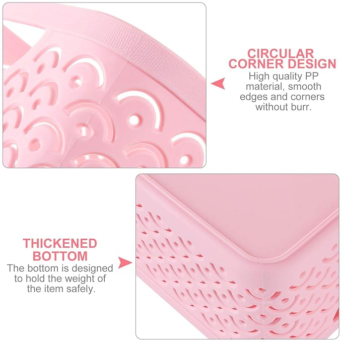 5 Pack Plastic Storage Baskets, Portable Pink Fish Scale Pattern Hollow Desktop Storage Bin Box with Handle for Kitchen, Bathroom, Kids Room or Nursery Storage – 9.4 x 7.1 x 4.1 inches