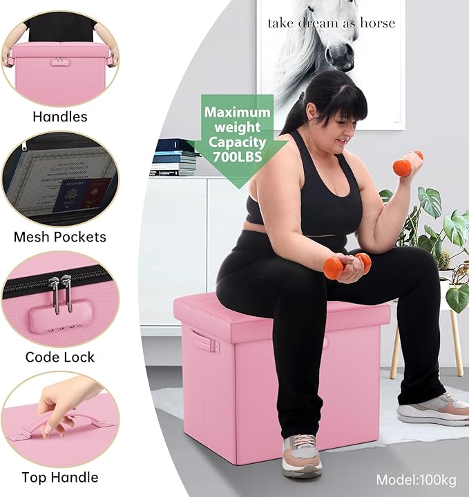 DocSafe Storage Ottoman Foot Rest Stool with Lock & Handles, Fireproof Folding Leather Footstool Bench with Storage Safe for Living Room Bedroom, Home Office, Dorm, 17x13x13in, Pink-NeatNest