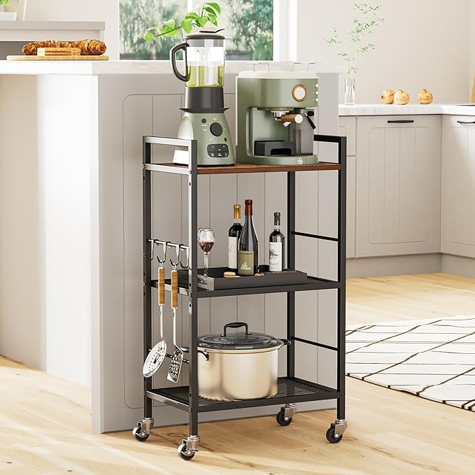 3-Tier Metal Storage Rack with Industrial Wheels,Mesh Shelving Unit with Wooden Table top,Adjustable Shelf,16.9-Inch Width,for Kitchen,Laundry,Pantry,Plant,Black