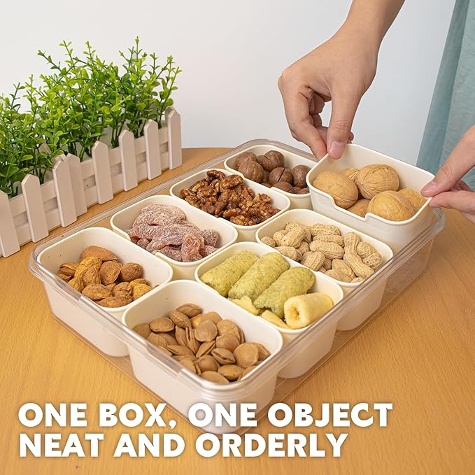 Divided Serving Tray with Lid and Handle,8 Compartments Snacks Box,Snack Fruit Tray,Veggie Tray,Portable Platter for Candy Fruits Nuts Snack Party Entertaining Picnic(2 PCS)-NeatNest