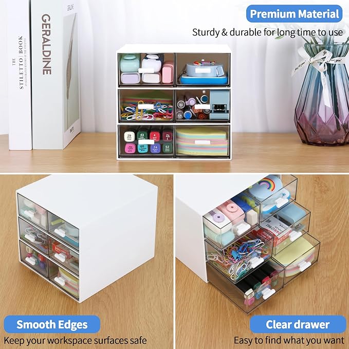 Desk Organizer with 5 Drawers, Rectangular Office Stationery Supplies Desktop Drawers, Plastic Makeup Storage, Suitable for Office, School, Home (White & 6 Drawers)-NeatNest