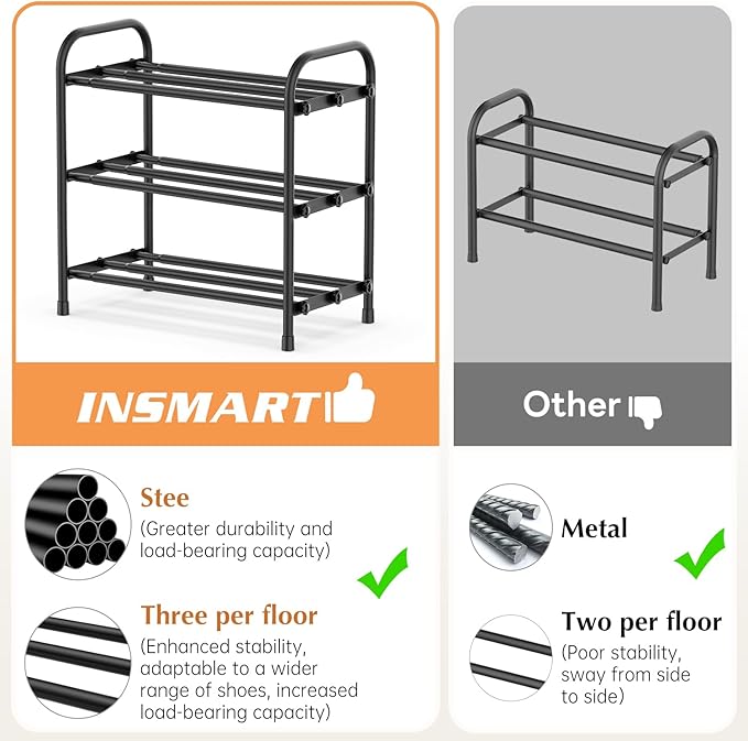 INSMART 3-Tier Expandable Shoe Rack, Stackable and Adjustable Shoes Organizer Storage Shelf, Sturdy and Durable Metal Structure Free Standing Shoe Rack for Closet Entryway Doorway-NeatNest