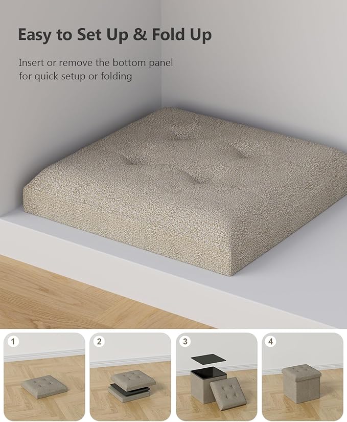 Folding Storage Ottoman Bench, Multi-Functional Ottoman Footrest, End of Bed Bench, Storage Chest for Living Room, Bedroom, Hallway, Entryway, Holds Up to 700 lbs (Beige, 15 Inches)