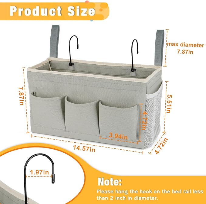 Bedside Caddy Organizer with Fixed Straps & Water Bottle Holder for Home, College Dorm, Bunk Bed, Hospital & Crib Bed Rails (2 pcs, Grey)-NeatNest