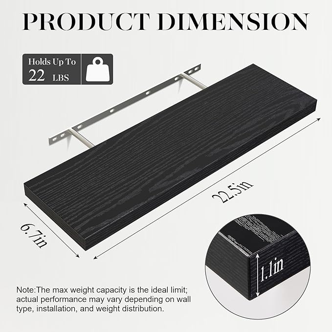 BAYKA Floating Shelves 22.5 inches, Wall Mounted Shelves Rustic Wood for Bathroom, Bedroom, Living Room, Floating Shelves for Books/Storage/Decor with 22lbs Capacity(Satin Black,Set of 3)-NeatNest