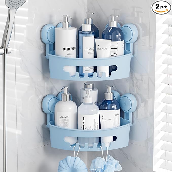 TAILI Suction Corner Shower Caddy, Bathroom Shelf Storage Basket Wall Mounted Organizer for Shampoo, Conditioner, Plastic Rack for Kitchen and Bathroom, Drill-Free Removable -Blue