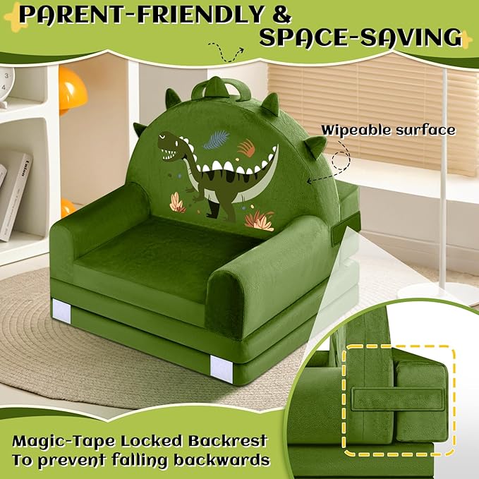 Dinosaur Kids Sofa Bed with Removable Washable Cover & Hook and Loop Backrest – Foldable Toddler Chair, Cozy Crystal Velvet Furniture for Playtime, Naps & Travel (Dark Green, Dino Design)-NeatNest