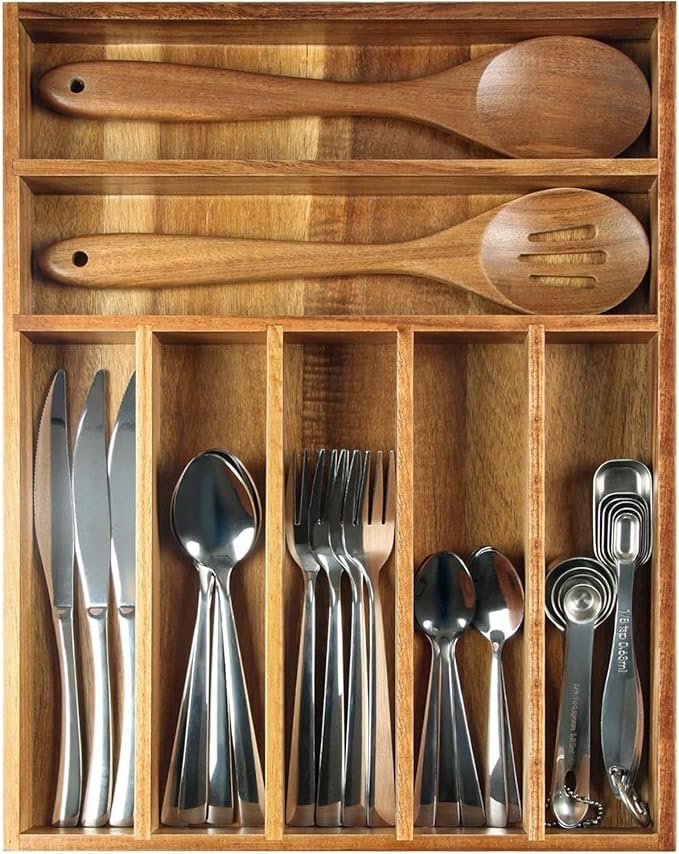 Acacia Wood Silverware Organizer, Kitchen Utensil Drawer Organizer, Fork and Spoon Utensil Holder Organizer. Can Also Be Used To Organize Jewelry, Tools, Office Supplies and Make Up. (7 bulkheads)