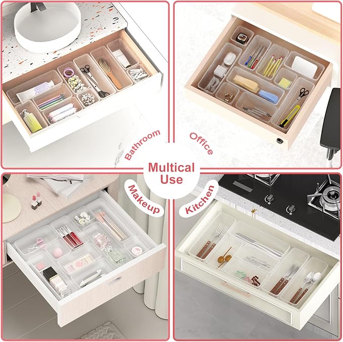 24 PCS Plastic Drawer Organizer Set, Sturdy 3-Size Makeup Vanity Desk Drawer Organizer Trays and Storage Bins for Cosmetics, Junk and Gadgets – Ideal for Bathroom, Bedroom, Office and Kitchen-NeatNest
