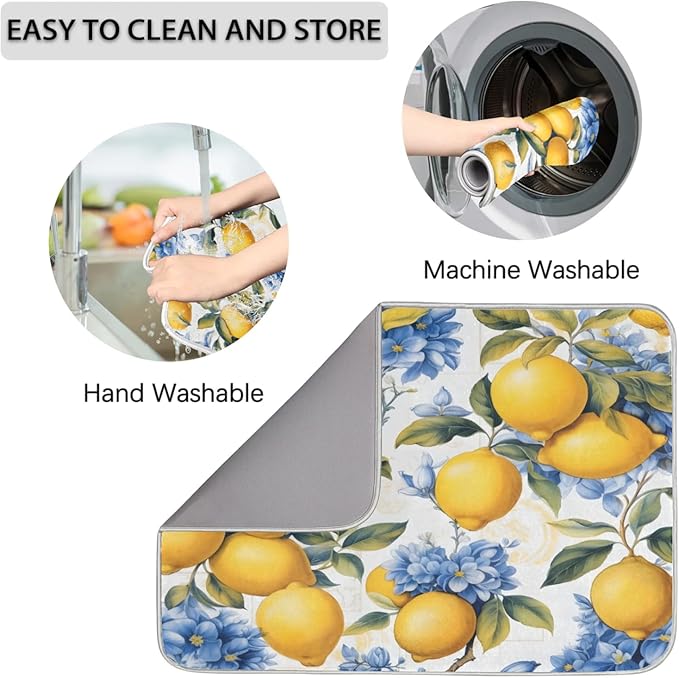 Dish Drying Mat Kitchen Counter - Absorbent Microfiber Drying Rack Pads Reversible Dish Pad Draining Mats for Countertop Coffee Mats,16x18 inch(Lemon)