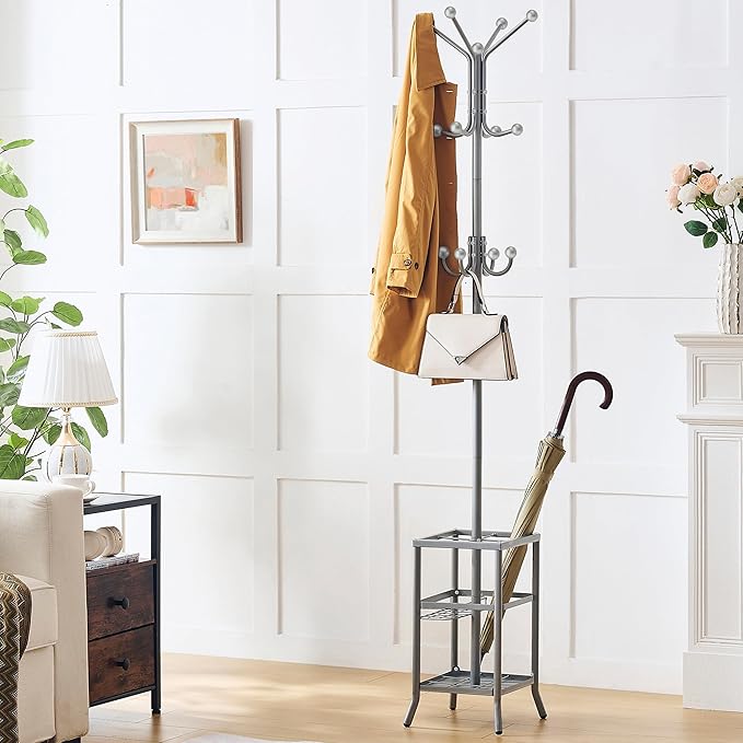 FAVOOSTY Coat Rack Freestanding,Coat Rack Stand with Umbrella Holder,Metal Coat Tree with 12 Hooks,Tree Clothes Hat for Entryway, Hallway, Bedroom, Living Room & Office - Silver Grey-NeatNest