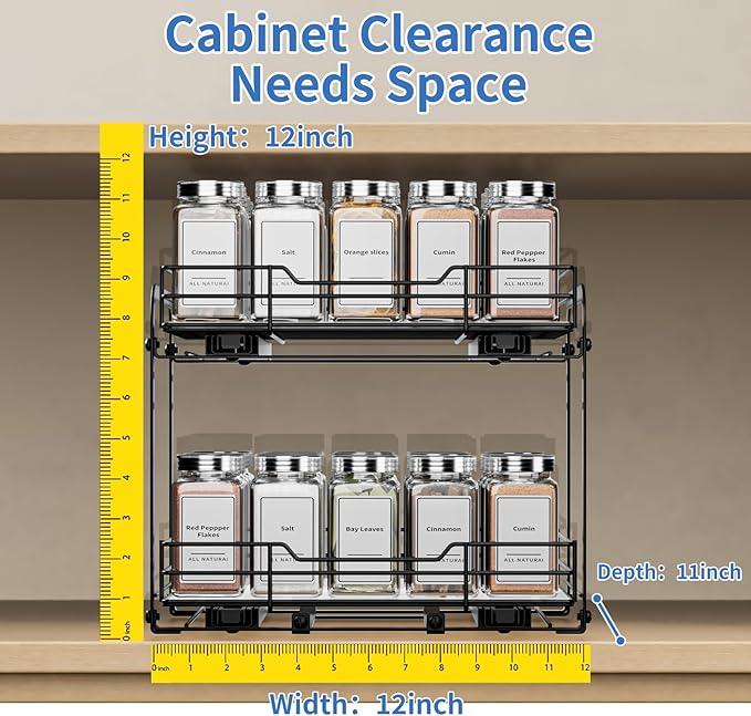 2-Tier Spice Rack Organizer, Pull Out Spice Rack for Cabinet, Height Adjustable Heavy Duty Metal Basket for Inside Cabinet & Pantry (11.5''Wx10.5''Dx9.5''H)-NeatNest