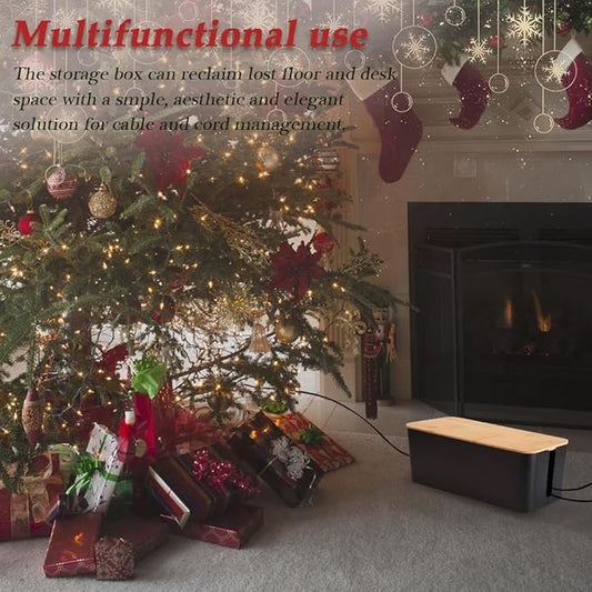 Cable Management Box, 2 Pack Bamboo Lid Large Storage Wires Organizer Holder for Home, Desk, TV, Computer, USB Hub - to Cover Hide Surge Protector Conceal Power Strips & Cords (Black)-NeatNest