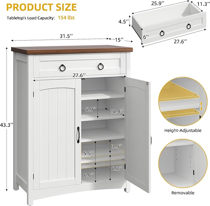 DWVO 5-Tier Shoe Storage Cabinet, Farmhouse Shoes Rack Cabinet with Adjustable Shelf, 43" Tall Shoe Organizer with Drawer & Doors for Entryway Hallway Living Room Closet (White)-NeatNest