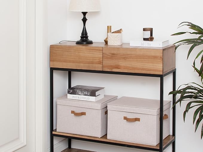 StorageWorks Fabric Storage Bins with Lid, Decorative Storage Boxes for Shelves, Stackable Closet Organizer Basket with Handles, Jumbo, Brown and Beige, 2-Pack-NeatNest