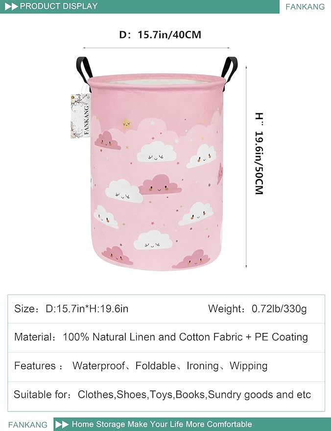 FANKANG Storage Basket, Nursery Hamper Canvas Laundry Basket Foldable with Waterproof PE Coating Large Storage Baskets for Kids Boys and Girls, Office, Bedroom, Clothes,Toys(pink cloud)