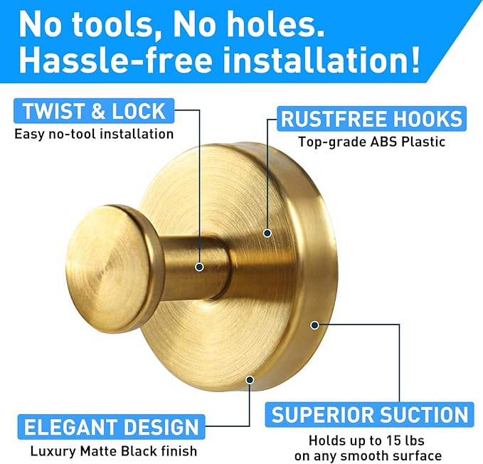 2 Pack Suction Cup Hooks for Shower, Exquisite Metal Shell & No Drill suction hooks for shower wall for Bathroom Wall, Kitchen, Glass, Mirror, Tile to Hang Towels, Robes, Loofah - Wire-Drawing Gold