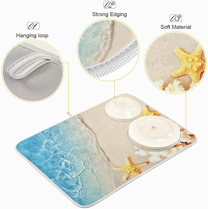 Absorbent Dish Drying Mat for Kitchen Counter - Starfish Coral Summer Microfiber Drying Pad, Reversible Drainer Mats for Countertop, Large 18" x 24"