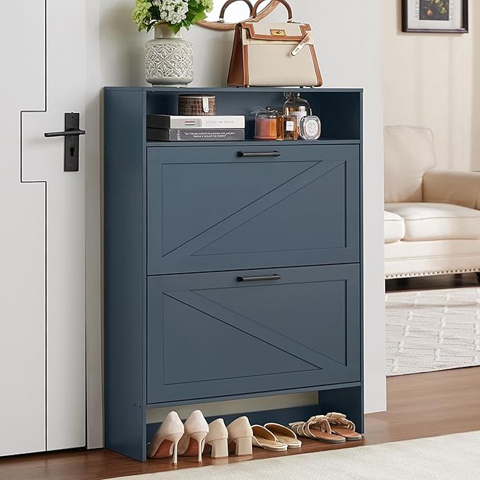 Shoe Storage Cabinet with 2 Flip Drawers,Farmhouse Narrow Shoe Organizer with Legs,Freestanding Hidden Slim Shoe Rack Cabinet with Open Storage for Entryway,Hallway, Foyer, Blue-NeatNest