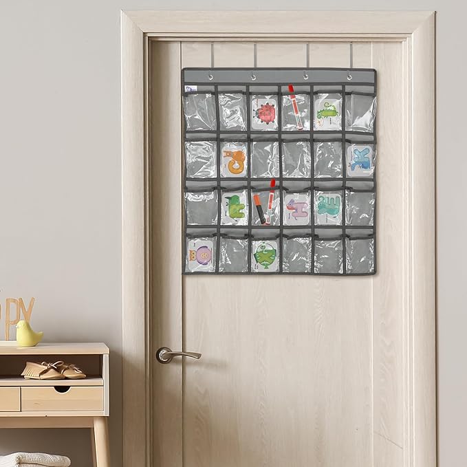 DOITOOL 24 Clear Pockets Classroom Pocket Chart for Cell Phones Calculator Holder Over The Door Hanging Closet Jewelry Organizer Clear Pocket Chart Organizer for Classroom Cellphone Storage-NeatNest