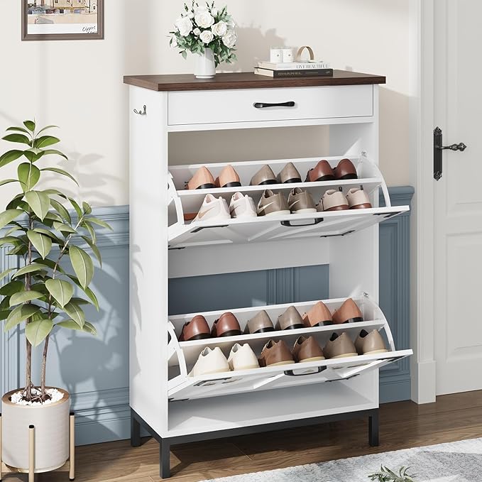 Shoe Storage Cabinet with 2 Flip Drawers, Narrow Shoe Cabinet for Entryway with 1 Top Drawer, Freestanding Hidden Shoe Rack Cabinet with Metal Legs for Foyer, Hallway (White)-NeatNest