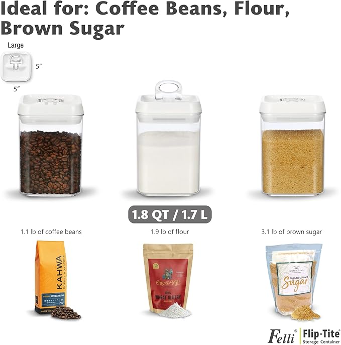 Felli Flip Tite Food Storage Containers With Lid 5" LARGE Airtight Ring Lock Flip Top, Square Acrylic Canister Jar for Rice Sugar Flour Protein Powder, Kitchen Pantry Organizer, Gift Set (1.8qt)-NeatNest