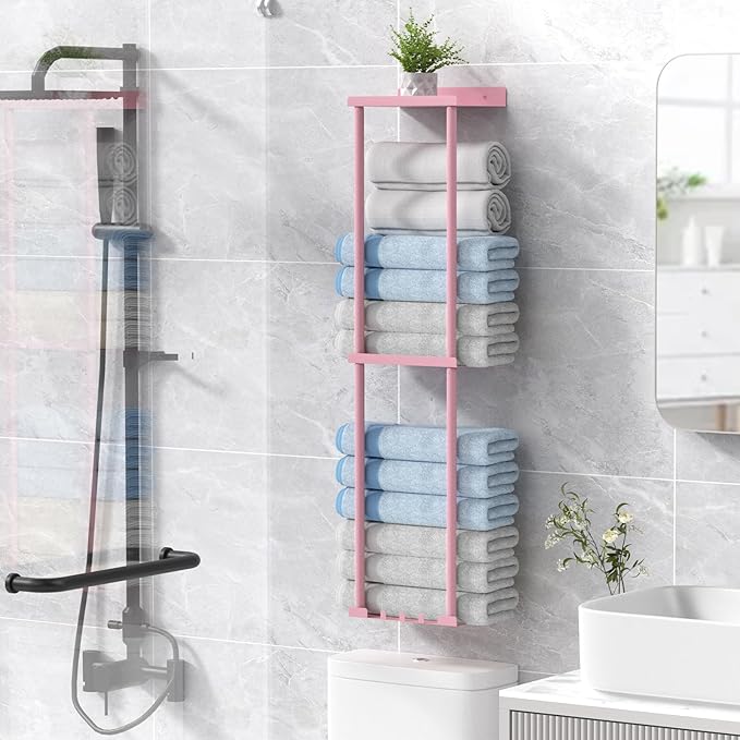 Towel Rack for Bathroom, Wall Mounted Vertical Rolled Towel Storage Organizer Holder with Shelf, Holds Up 6 Large Bath Sheets, Pink
