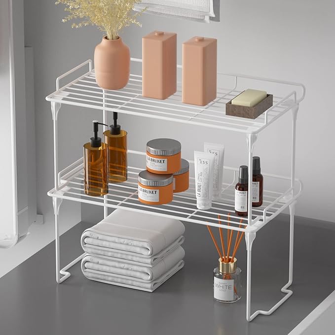 iPEGTOP Stackable Cabinet Shelf Organizers, Set of 2 Kitchen Countertop Cupboard Storage Rack, Pantry Stand Shelves Space Saving for Kitchen, Bedroom, Bathroom, White-NeatNest