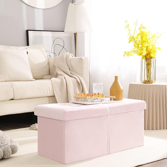 CUYOCA Storage Ottoman Bench Foldable Seat Footrest Shoe Bench End of Bed Storage with Flipping Lid, 75L Storage Space, 30 inches Velvet Pink-NeatNest