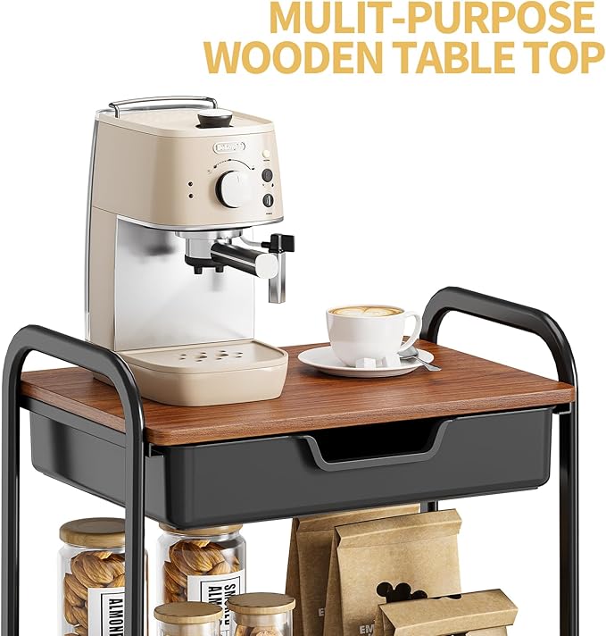 TOOLF 3-Tier Utility Rolling Cart with Wooden Board and Drawer, Metal Storage Cart with Handle, Black Trolley Kitchen Organizer Rolling Desk with Locking Wheels for Office, Classroom, Home, Bedroom-NeatNest