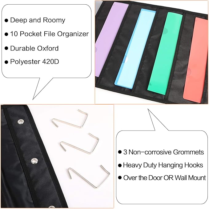 ABC life Hanging Wall File Organizer, 2 Packs, 10 Pocket Office, Home, Classroom, 6 Removable Poly Hanging File Folders, Wall Folder Organizer, Back to School Supplies
