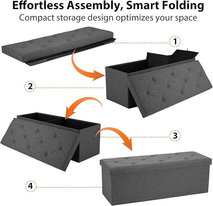 DUMOS 30in Foldable Storage Ottoman Bench, Foot Rest Stool Load 350Lbs,Storage Chest with Padded Seat, End of Bed Bedroom Bench for Living Room,Elegant Gray