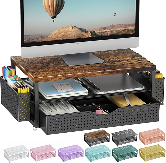 gianotter Wood Monitor Stand Riser, Office Desk Shelf Organizer, Desk Organizer with Drawer and Pen Holder, 2-Tier Computer Stand, Office Organization (Wood)-NeatNest