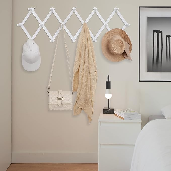 Accordion Wall Hanger with 16 Hooks, Wooden Coffee Mug Rack for Wall, Expandable Accordion Hook Rack Wall Mounted for Mug, Tea Cup, Purse,Coat, Hat, Cap(White)-NeatNest