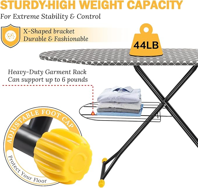 APEXCHASER Ironing Board, Foldable Iron Board with Iron Rest, Metal Panel Ironing Board, Adjustable Height Heavy Duty Irons Board with Germent Rack, Heat & Scorch Resistant Cover, 13x43 Yellow