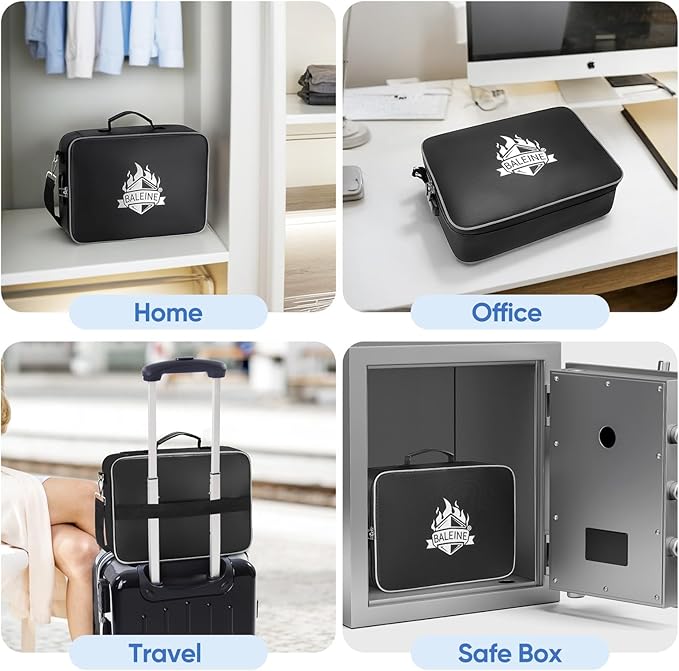 BALEINE Fireproof Document Box with Lock, Portable Fireproof Document Bag Waterproof Fire Proof File Boxes for Documents, File Organizer Box for Important Paperwork (Black, 15''x11''x4'')