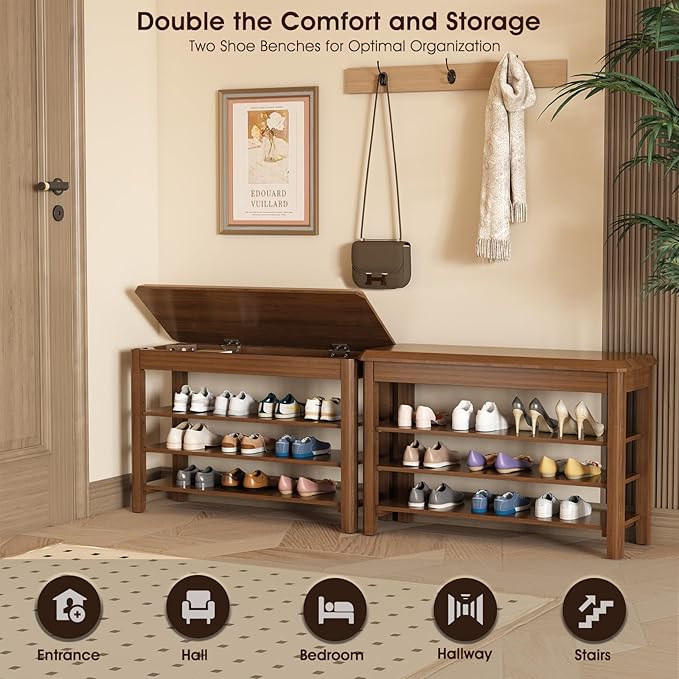 Shoe Rack Bench Seat Rubberwood 3-Tier Wooden Storage Bench 550lbs Compact Mid-Century Modern Design for Entryway, Hallway, Closet, Front Door Entrance, Foyer-NeatNest