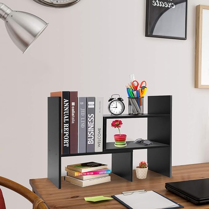 Desk Shelf, Adjustable Desktop Storage Organizer, Wood Display Shelf Rack, Office Supplies Desk Organizer, Black-NeatNest