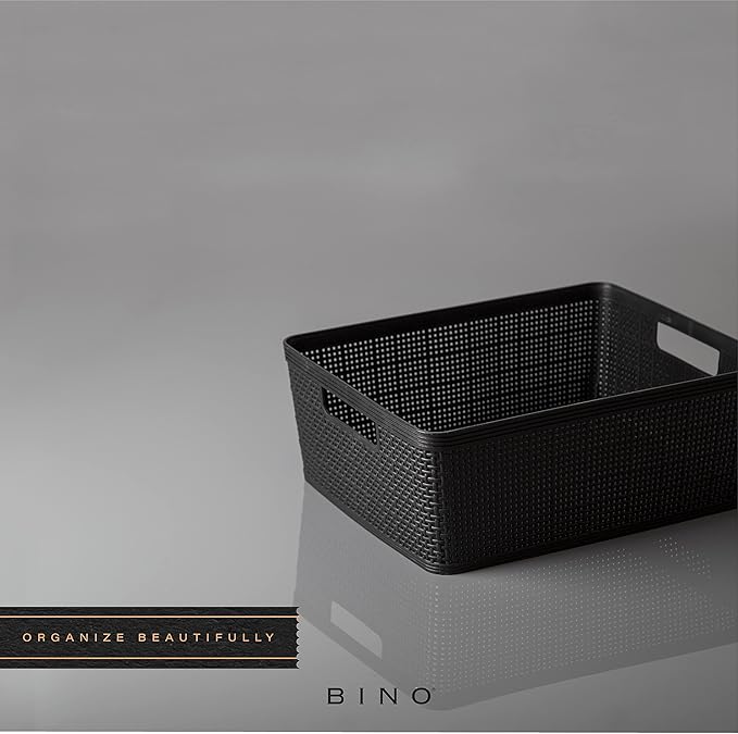 BINO | Woven Plastic Basket | Medium (Black), 4-Pack | THE JUTE COLLECTION | Home Organization, Space - Saving Storage, Stylish Design | Jute Basket | Plastic Storage Basket-NeatNest
