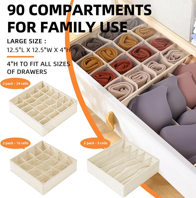 Criusia 6 Pcs Drawer Organizer Clothes - 90 Cells Closet Organizers and Storage for Baby Nursery - Washable Fabric Dresser Organizer Dividers for Sock Underwear Bra Dorm Room Essentials (Beige)-NeatNest
