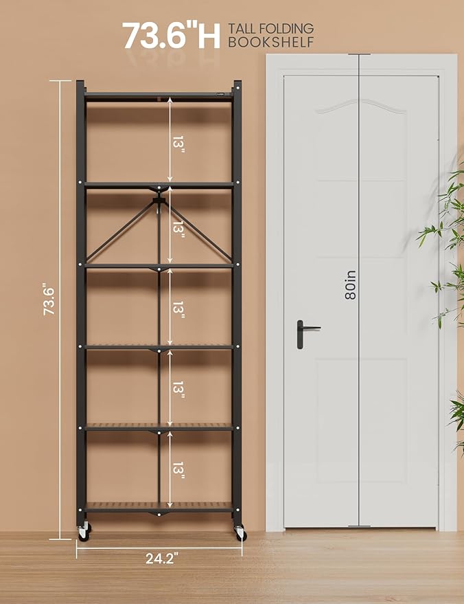 ALANNG 73.6 Inch Folding Bookshelf, 6 Tier Metal Bookcase and Bookshelves, Tall Shelves for Living Room Office Bedroom, Heavy Duty Book Shelve Free Standing Open (Black, 1PACK)