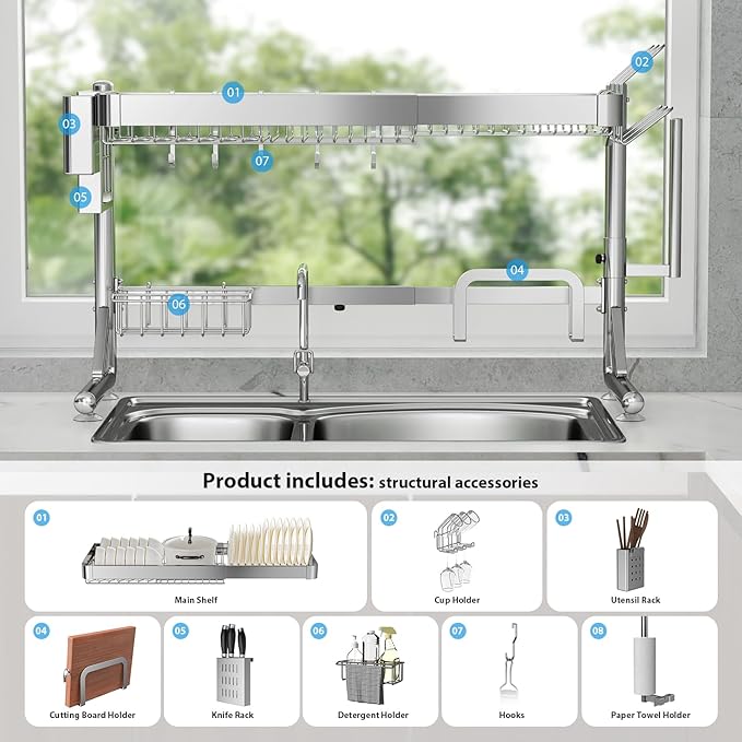 Over The Sink Dish Drainer Drying Rack, 2 Tier Adjustable Width (20.87'' to 37.6'') 304 Stainless Steel Large Over Sink Dish Drying Rack for Kitchen Counter Organizer, (Silver)